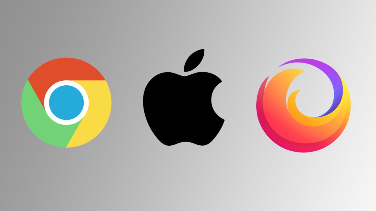 Logotipos do Chrome, Apple e Firefox em um fundo cinza