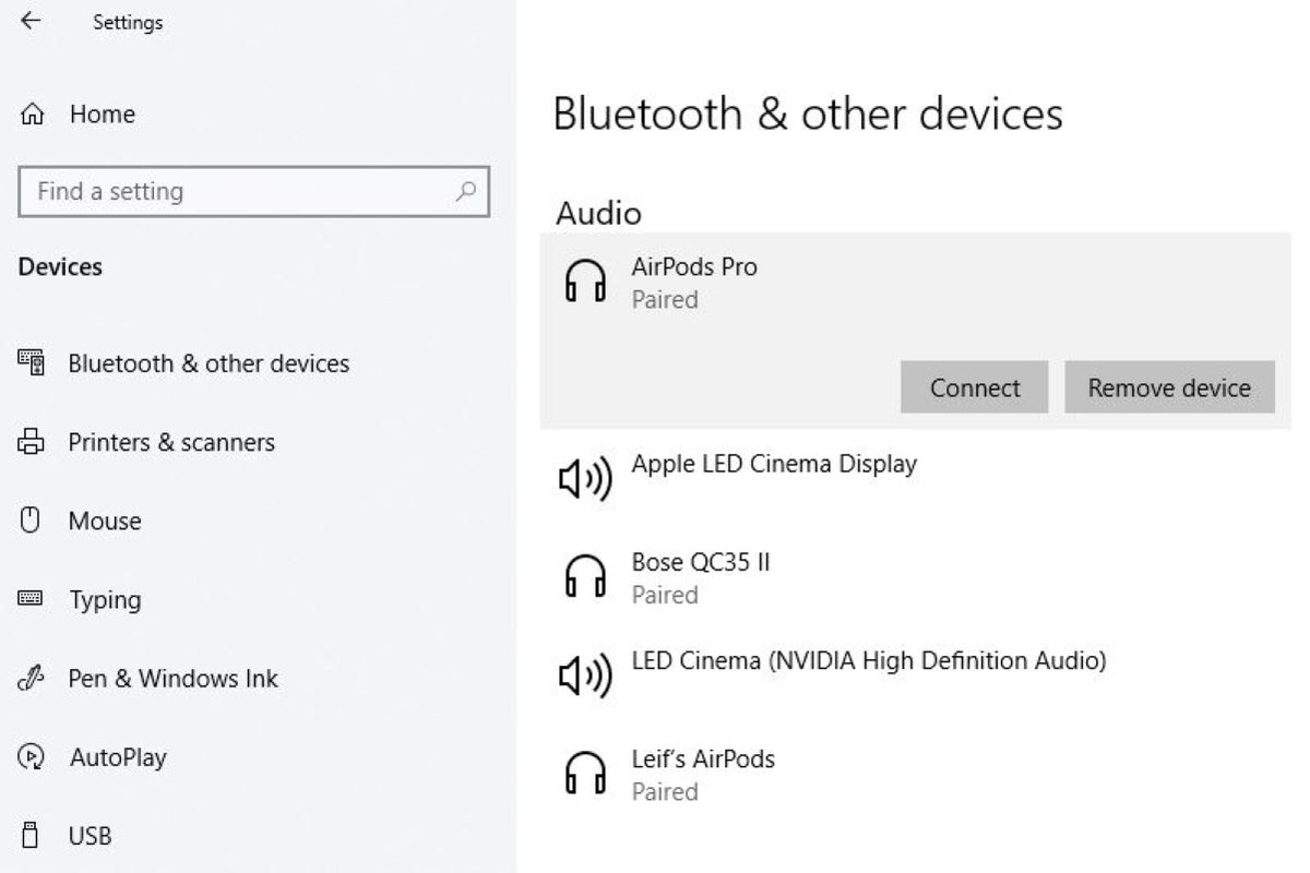 Menu Bluetooth do Windows 10