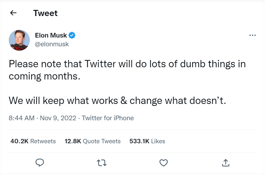 Tweet de Elon Musk em 9 de novembro de 2022