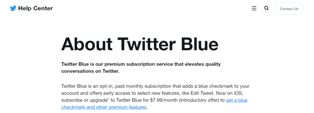 Informações de assinatura do Twitter Blue (16 de novembro de 2022)