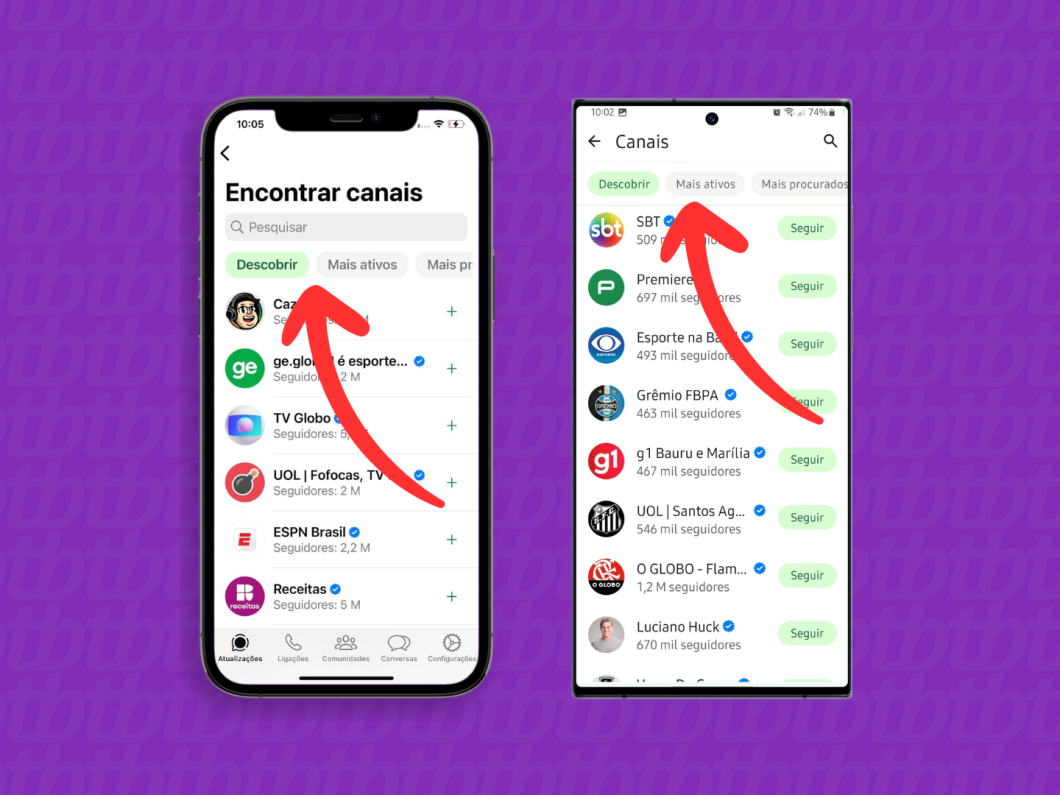 Capturas de tela do aplicativo WhatsApp no iPhone e Android mostram como filtrar as recomendações de canais