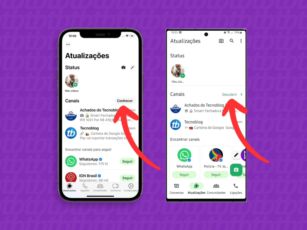 Capturas de tela do aplicativo WhatsApp no iPhone e Android mostram como acessar o menu de recomendação de canais