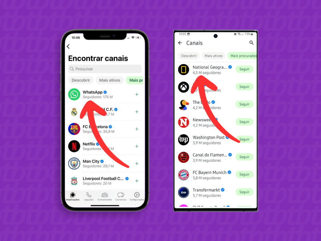 Capturas de tela do aplicativo WhatsApp no iPhone e Android mostram como acessar um canal