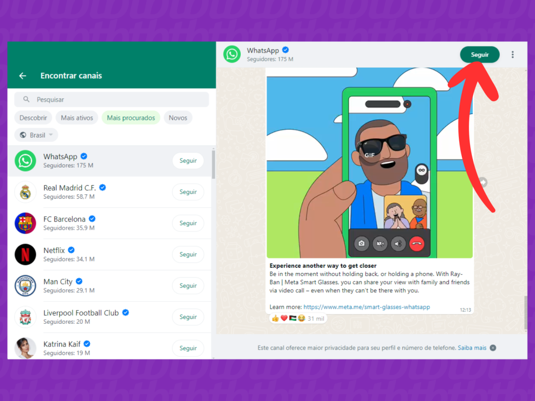 Captura de tela do site WhatsApp Web mostra como começar a seguir um canal