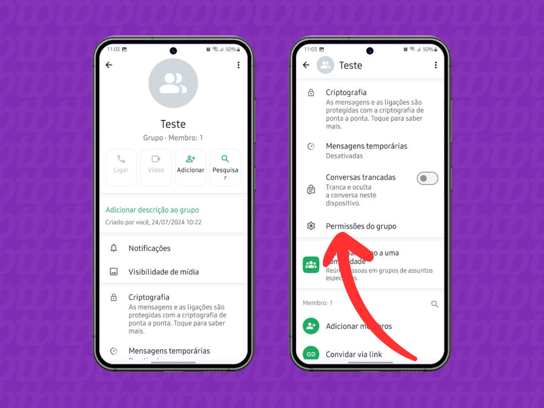 Capturas de tela do WhatsApp mostram como acessar o menu "Permissões do grupo"