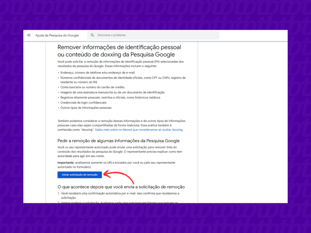 Iniciando a solicitação de remoção de dados da busca do Google