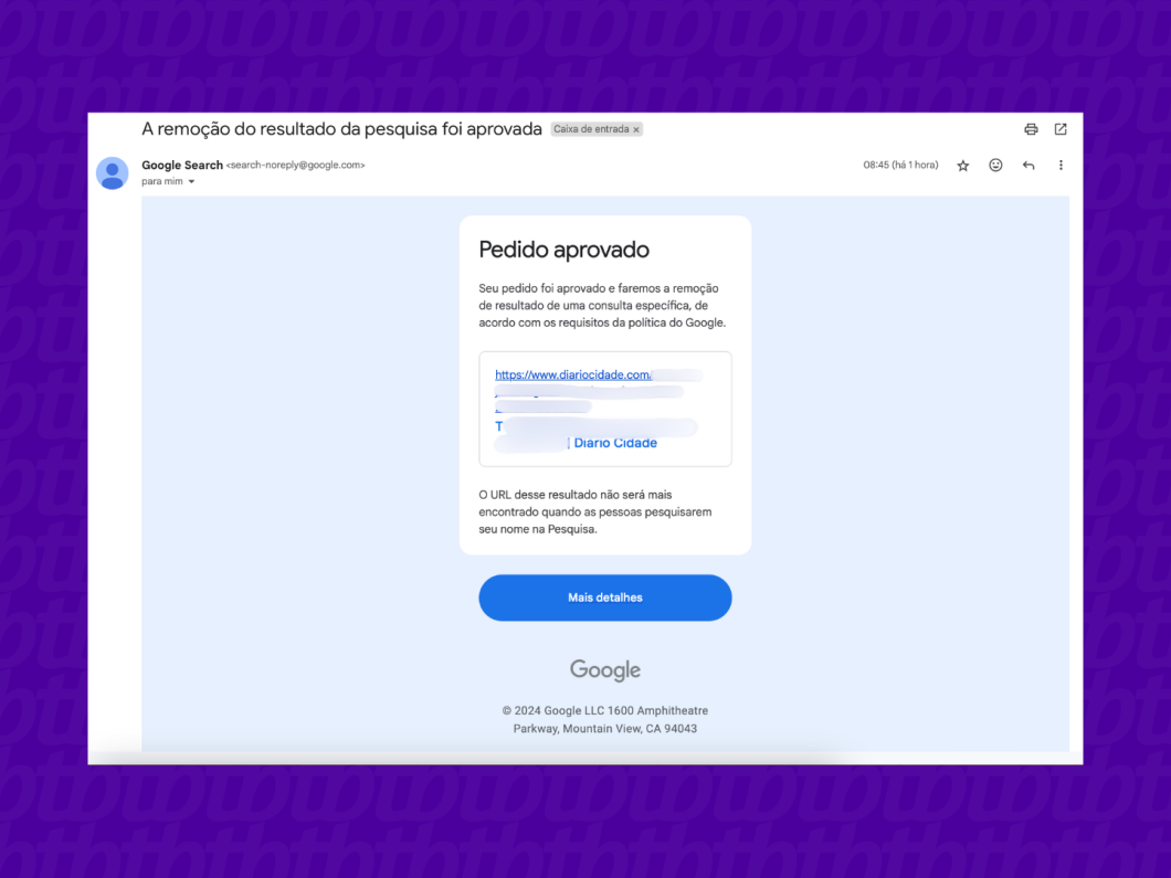 Retorno do Google sobre pedido de remoção de dados da Busca