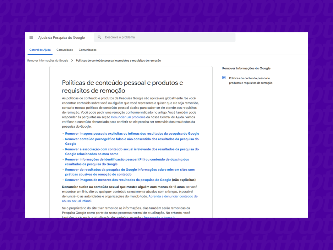 Escolhendo um artigo para remover dados da busca do Google