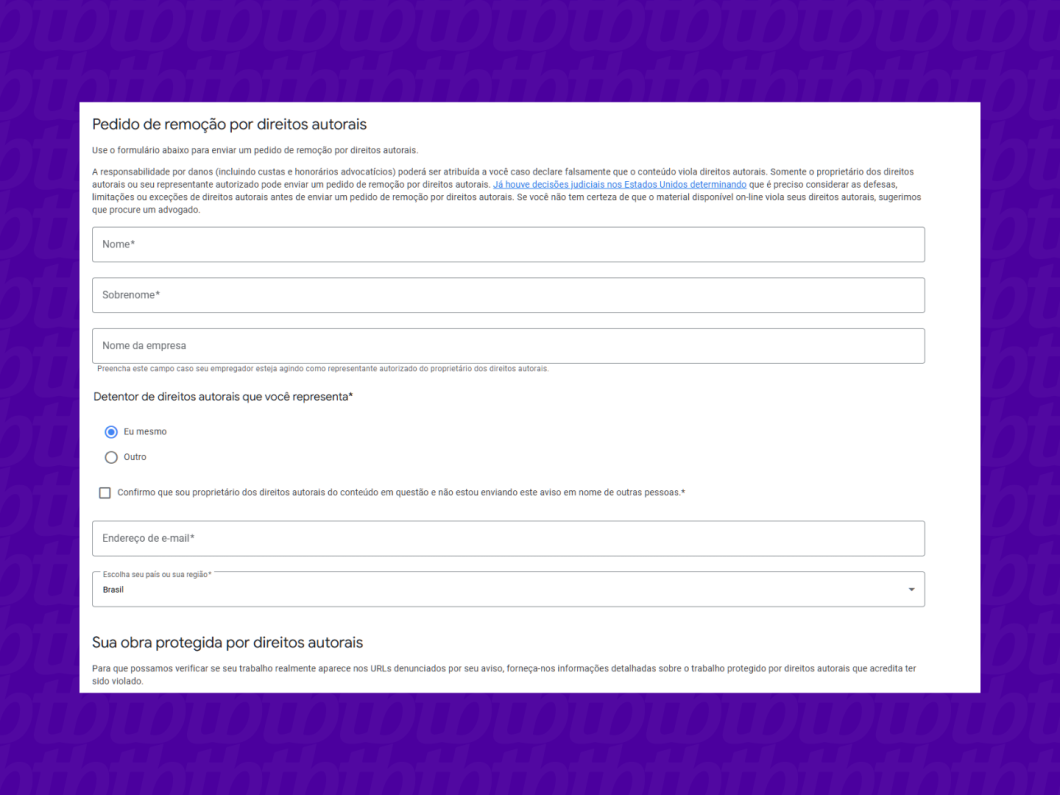 Preenchendo o formulário do Google para remoção de dados por motivos legais