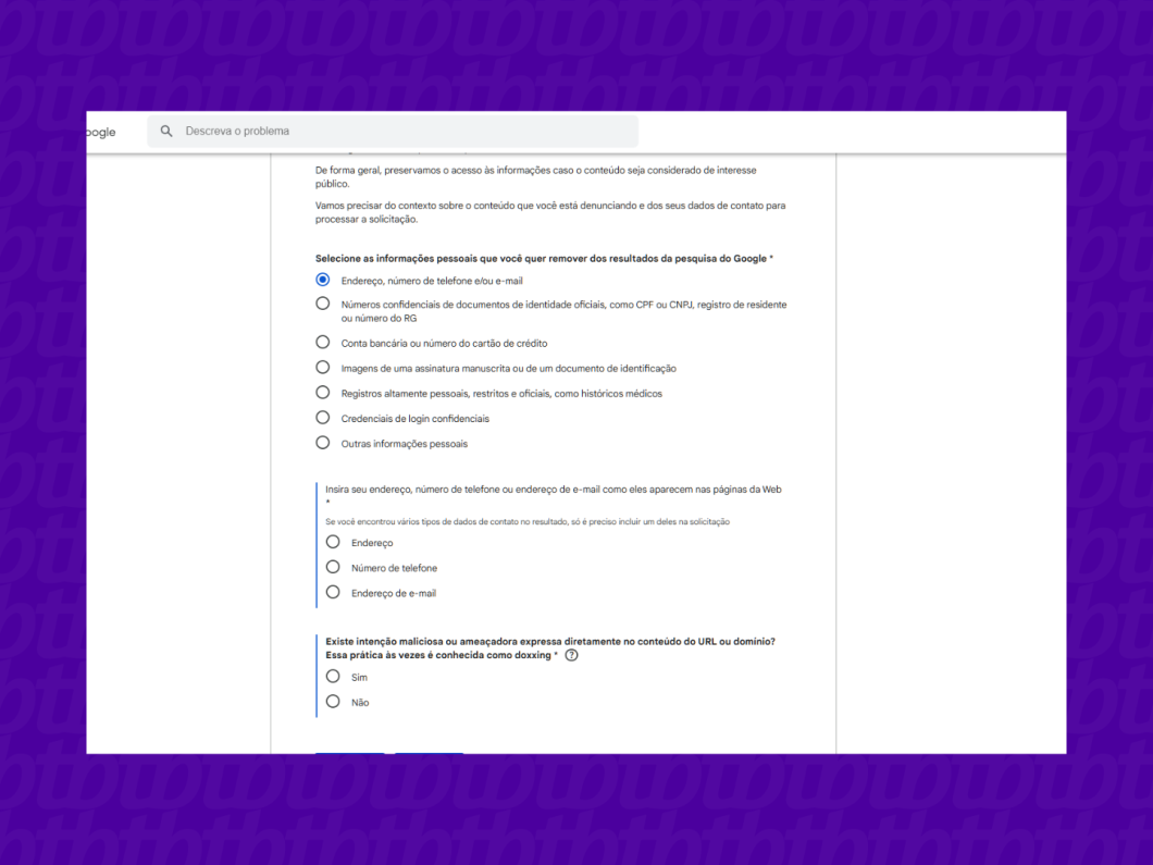 Confirmando os dados pessoais a serem removidos da busca do Google