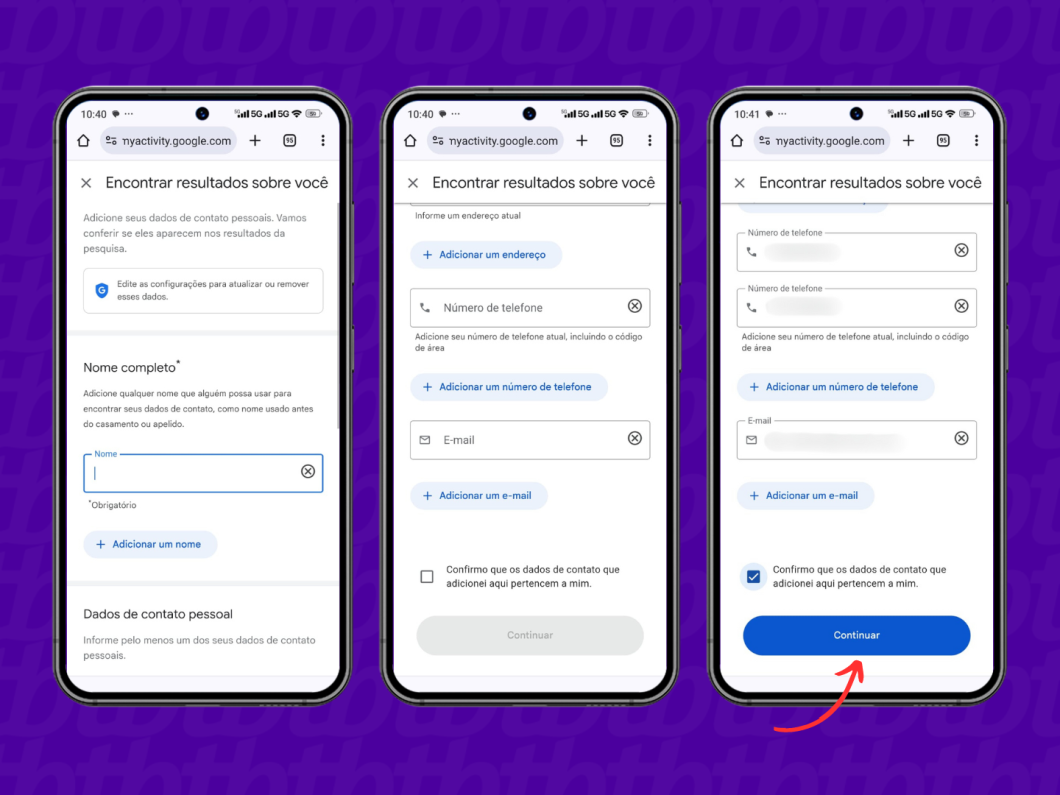 Preenchendo os dados pessoais para solicitar a remoção de dados via ferramenta do Google