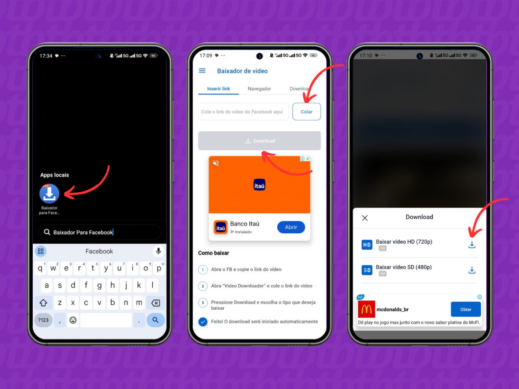 Baixando um vídeo pelo app Facebook Video Downloader