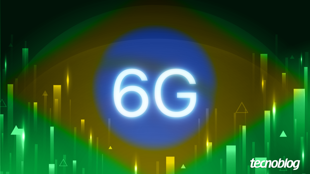 Texto "6G" estilizado com cores do Brasil ao fundo