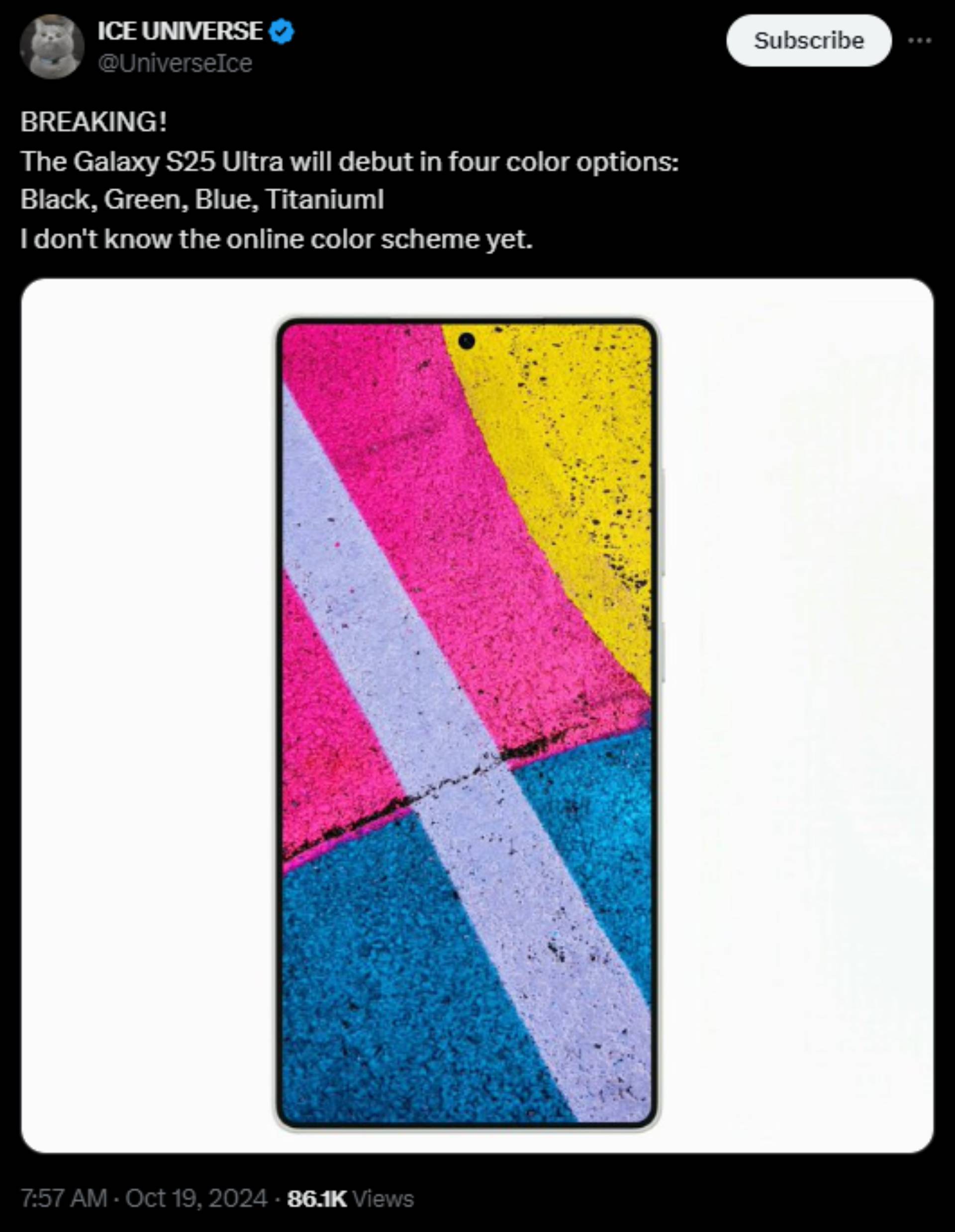 Postagem do Ice Universe X sobre as cores do Samsung Galaxy S25 Ultra