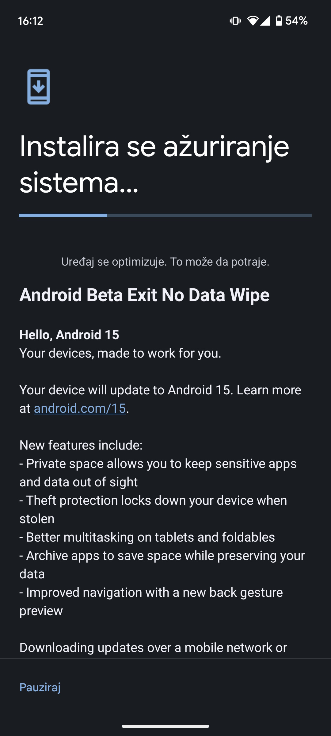 Android 15 sem limpeza de dados travada