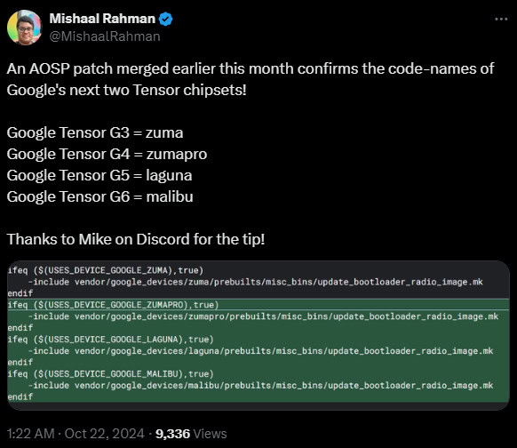 Codinomes Mishaal Rahman Tensor G5 e Tensor G6