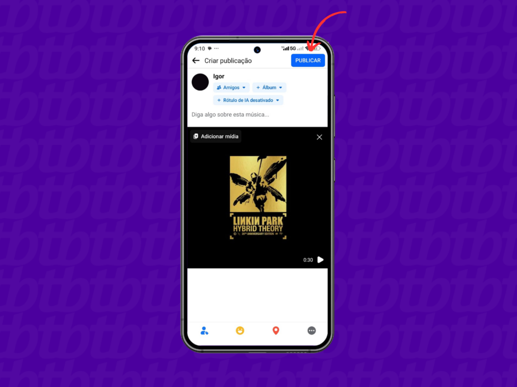 Publique o post com música em seu Facebook