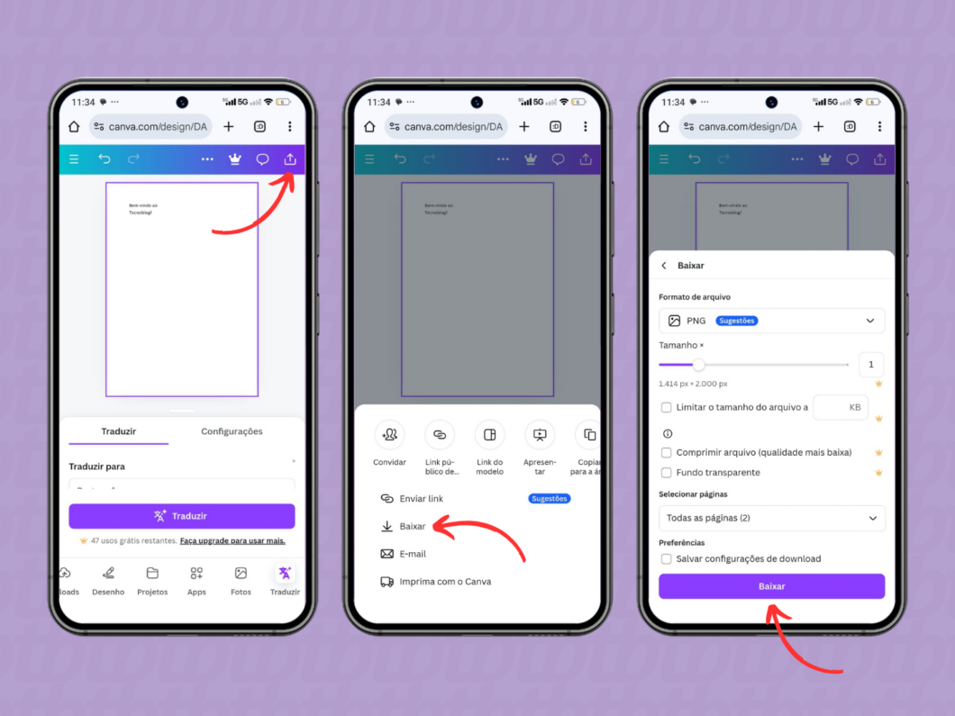 Baixando o documento traduzido no Canva