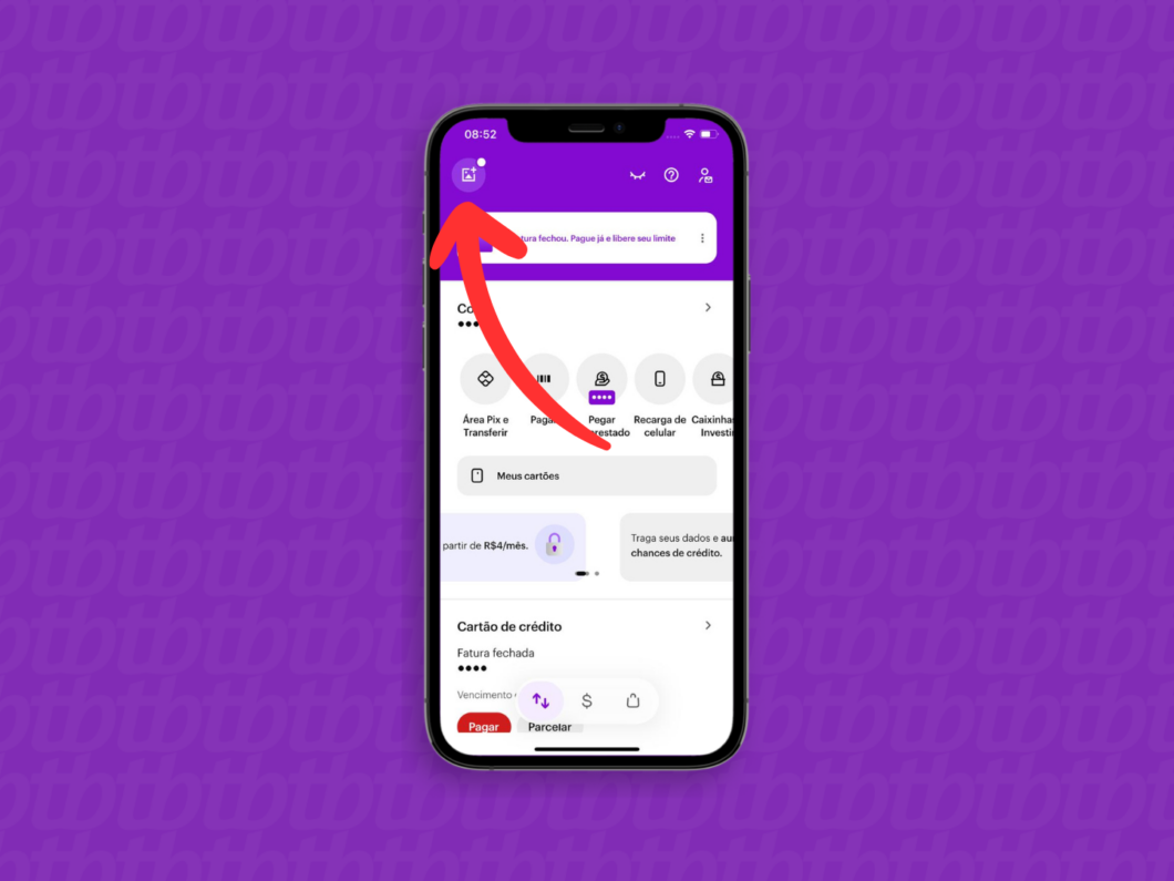 Captura de tela do aplicativo Nubank mostra como abrir o menu principal