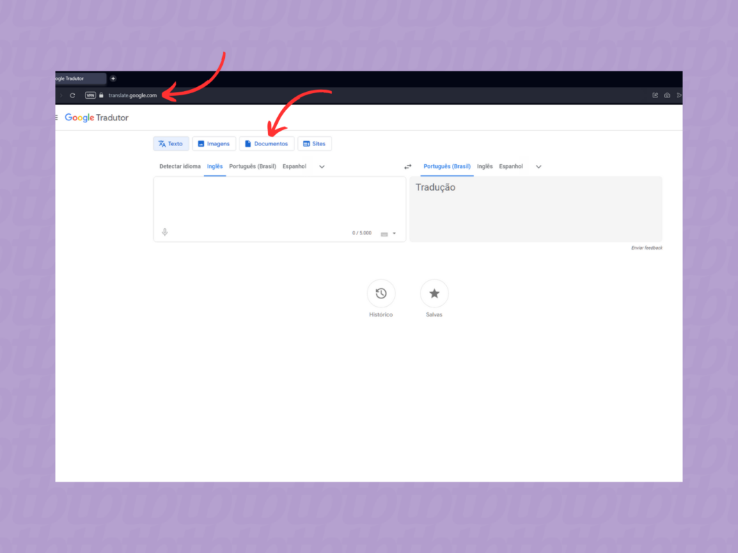 Acessando a guia "Documentos" no Google Tradutor
