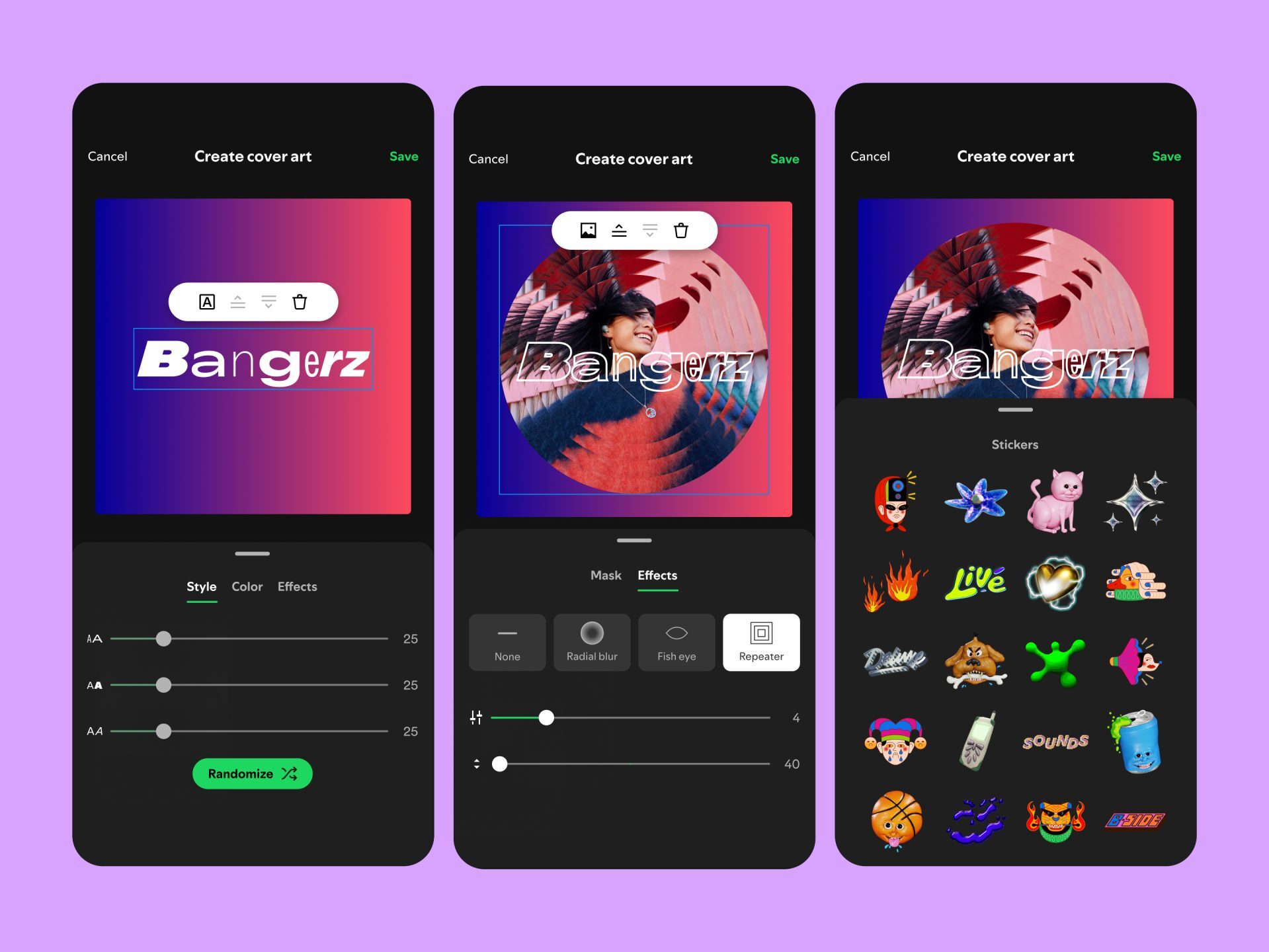 Três telas do Spotify mostrando o editor de capas, alterando fonte, aplicando efeito na imagem e adicionando stickers