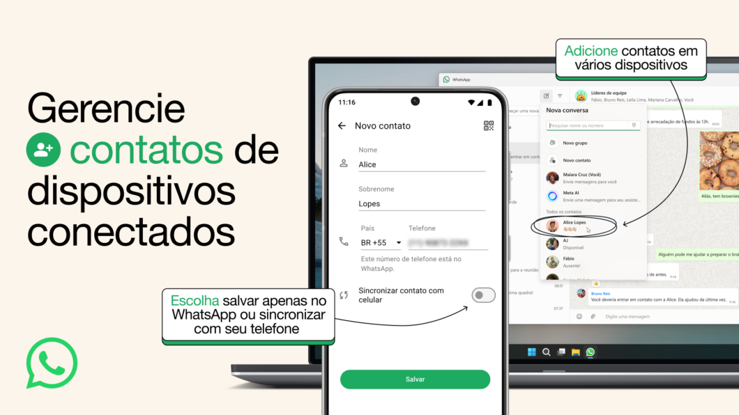 Imagem de um smartphone e um laptop rodando o WhatsApp. No smartphone, o app está em uma tela de salvar contato, com destaque para um botão que ativa ou desativa a sincronização com a agenda do aparelho. No laptop, o WhatsApp está em uma tela para buscar contatos.