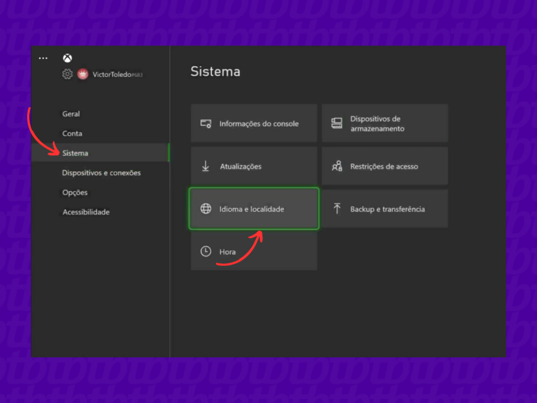 Entrando na se&ccedil;&atilde;o "Idioma e localidade" do Xbox