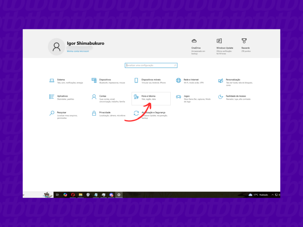 Entrando na se&ccedil;&atilde;o "Hora e idioma" do Windows
