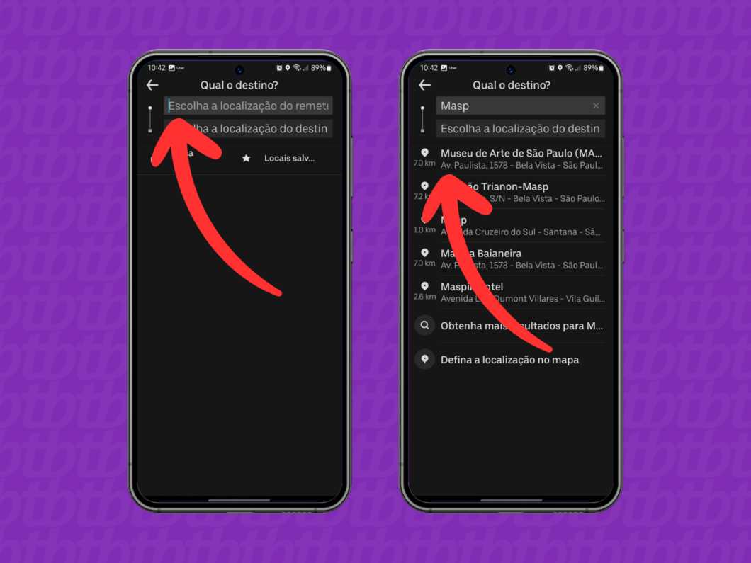 Captura de tela do aplicativo Uber mostra como selecionar o endereço do remetente