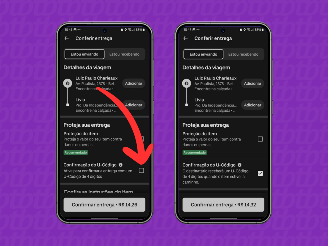 Captura de tela do aplicativo Uber mostra como adicionar a confirmação do U-Código