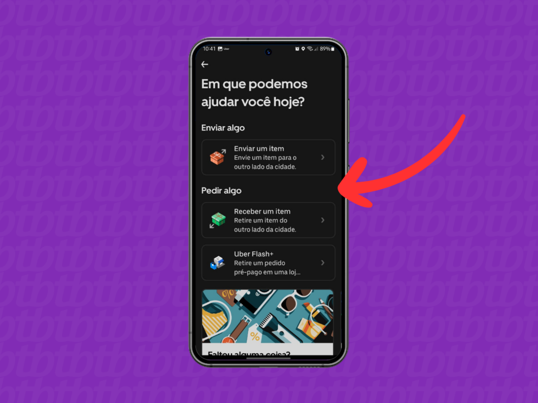 Captura de tela do aplicativo Uber mostra como selecionar as opções de envio do Uber Flash
