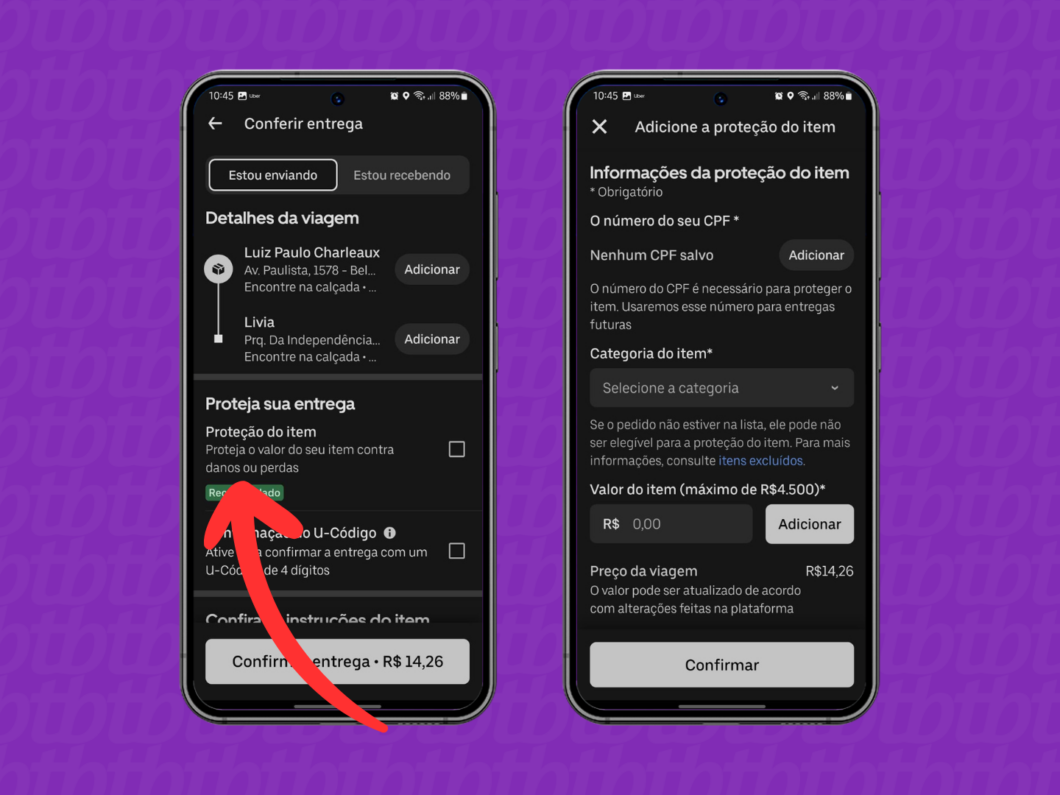 Captura de tela do aplicativo Uber mostra como adicionar a proteção do item