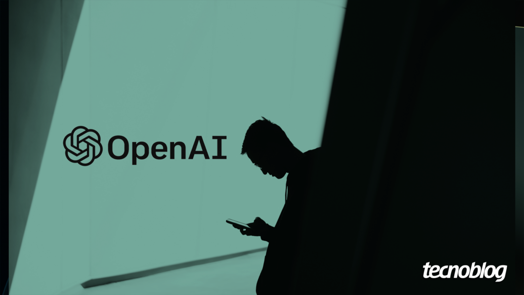Arte com o logotipo da OpenAI. &Agrave; direita, h&aacute; a imagem da sombra de uma pessoa mexendo em um celular. Na parte inferior direita, est&aacute; o logotipo do Tecnoblog.