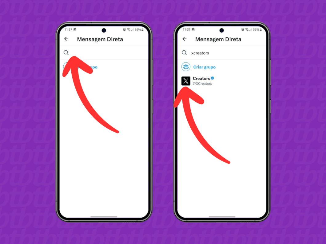 Captura de tela do aplicativo X (Twitter) mostra como selecionar o destinat&aacute;rio da DM
