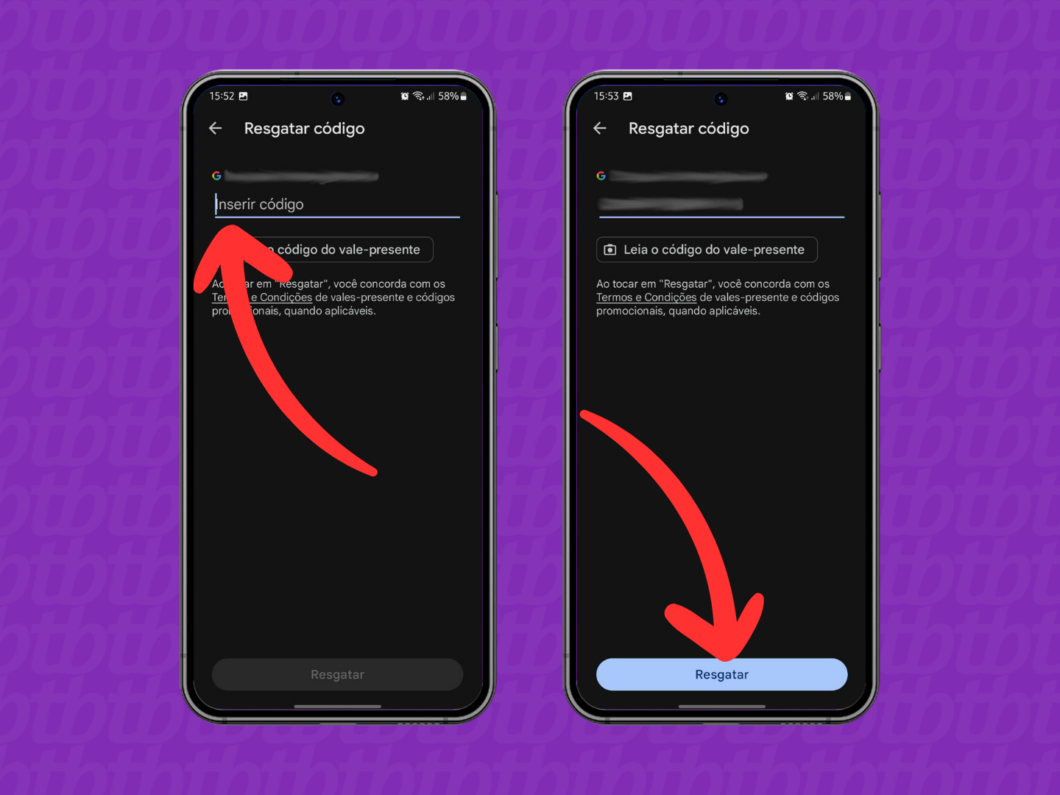 Captura de tela do aplicativo Google Play Store mostra como inserir um c&oacute;digo de gift card