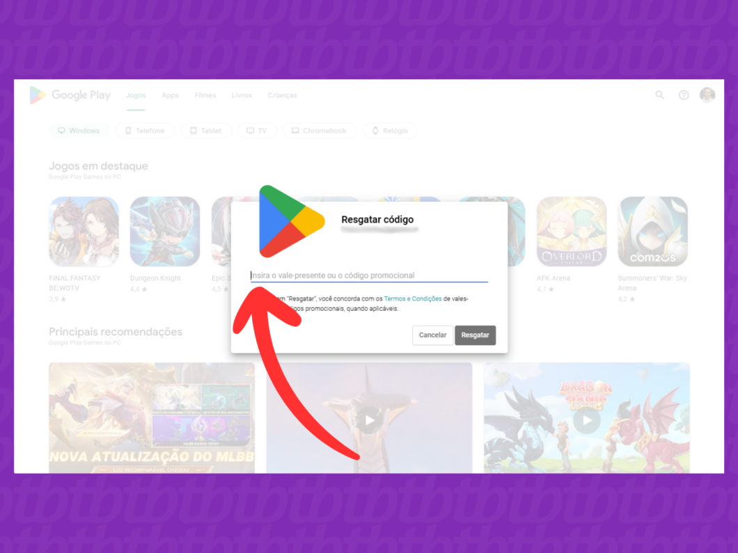 Captura de tela do aplicativo Google Play Store mostra como inserir o c&oacute;digo do gift card