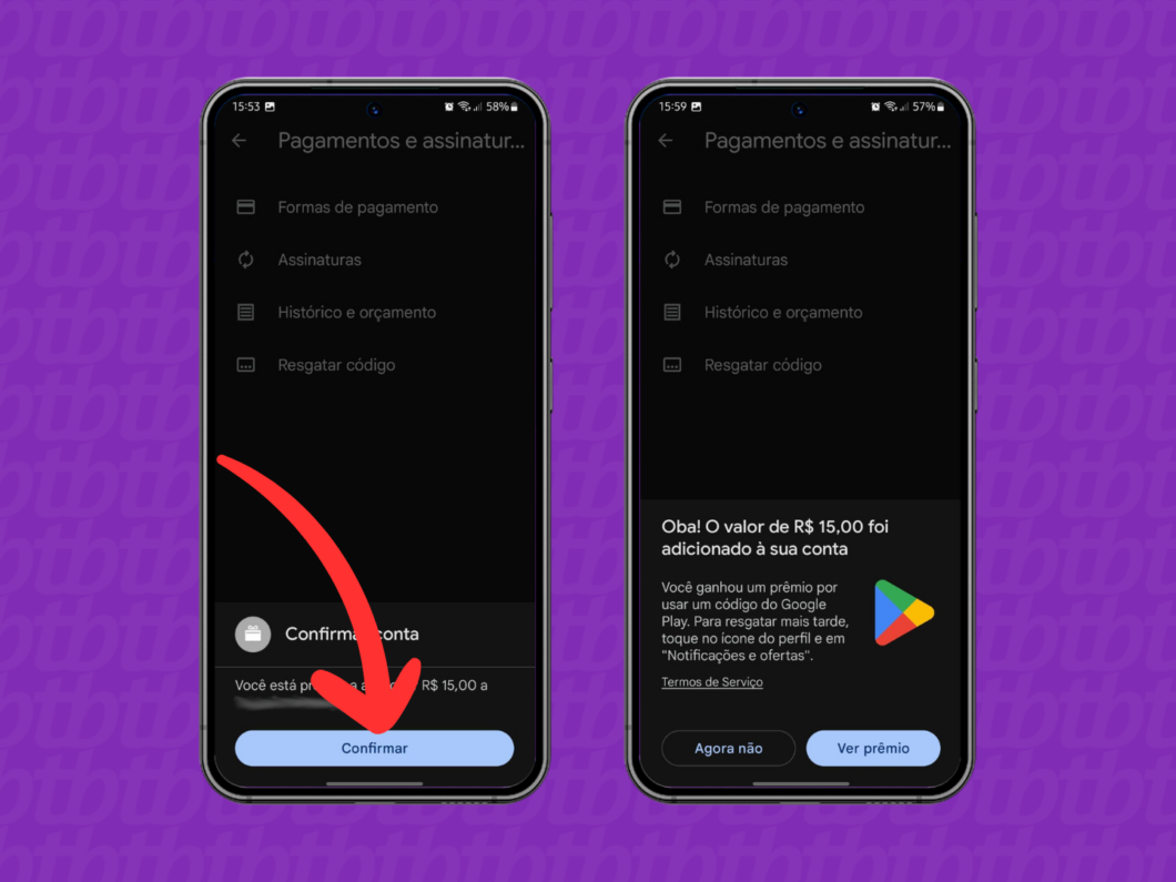 Captura de tela do aplicativo Google Play Store mostra como confirmar a ativa&ccedil;&atilde;o do gift card