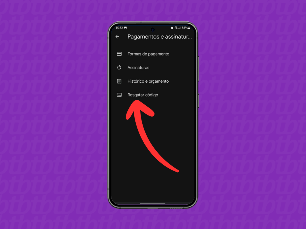 Captura de tela do aplicativo Google Play Store mostra como acessar o menu Resgatar c&oacute;digo