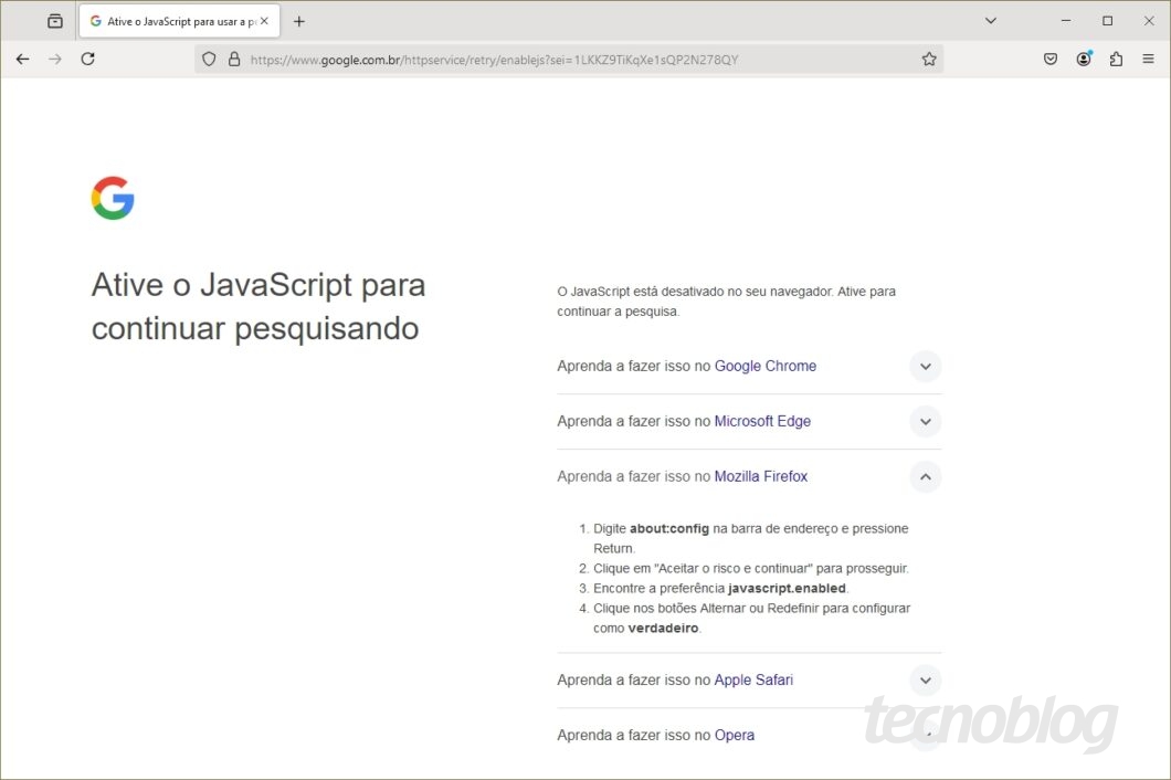 Aviso do Google para JavaScript ser ativado para as buscas na tela do computador