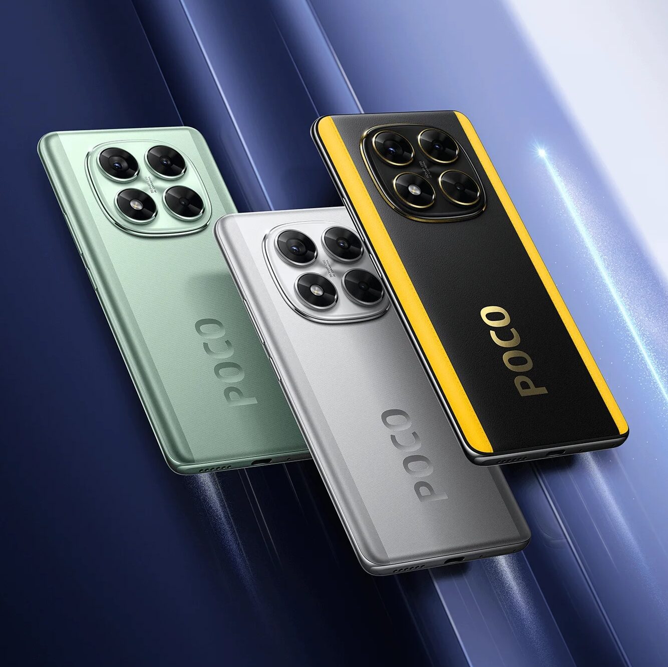 Imagem mostra tr&ecirc;s modelos do celular Poco X7 Pro da Xiaomi: um verde, um prateado, e um preto e amarelo.