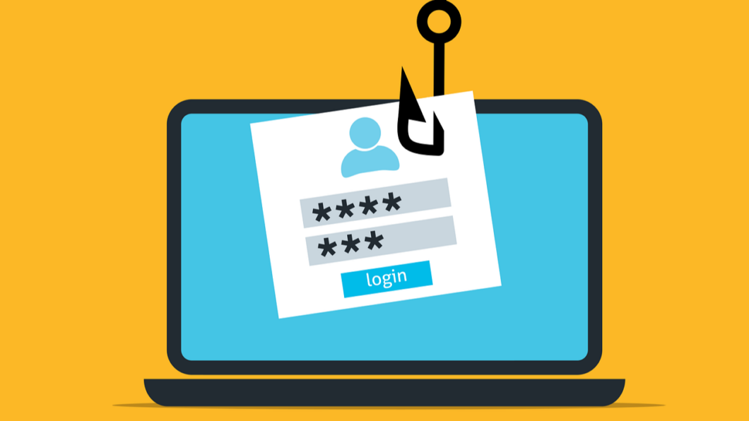 Ilustração de phishing mostra um computador sendo levado por uma isca de pesca.