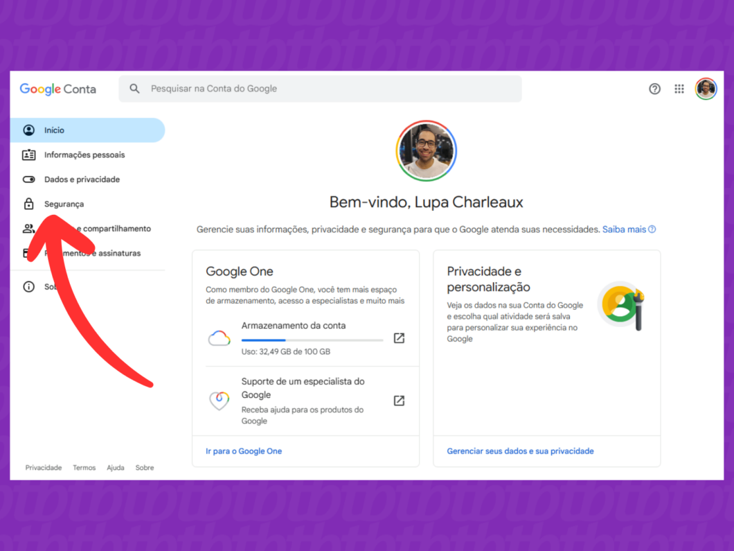 Captura de tela do site Conta Google mostra como acessar o menu "Seguran&ccedil;a"