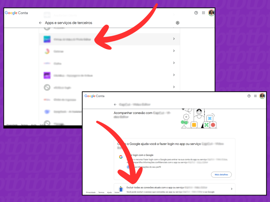 Captura de tela do site Conta Google mostra como excluir as conex&otilde;es