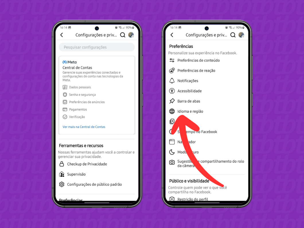 Captura de tela do app Facebook no Android mostra como abrir o menu Idioma e regi&atilde;o