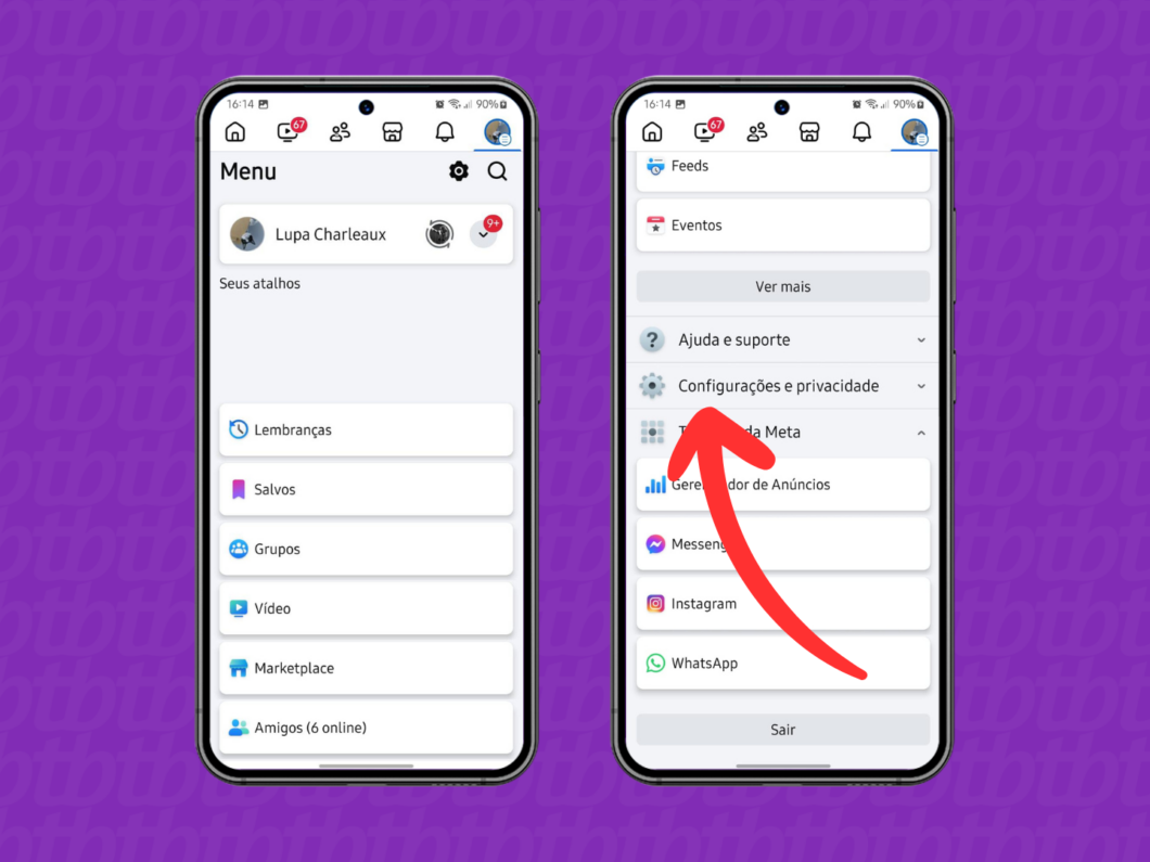 Captura de tela do app Facebook no Android mostra como abrir o menu Configura&ccedil;&otilde;es e privacidade