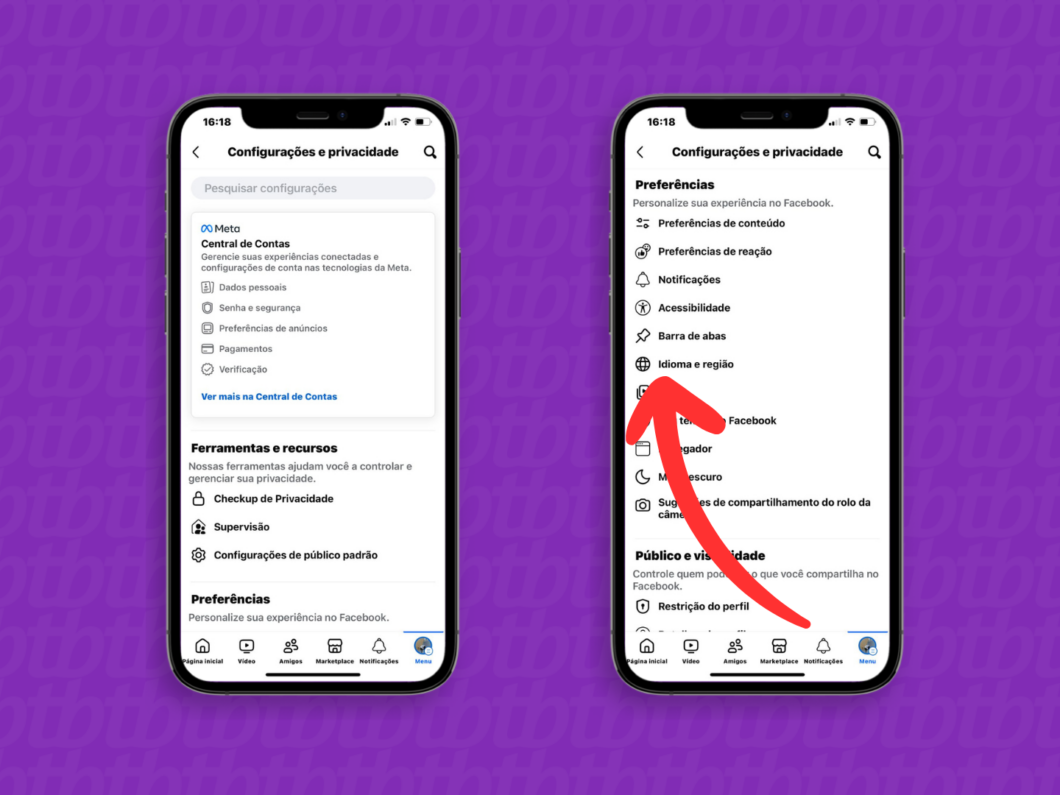 Captura de tela do app Facebook no iPhone mostra como abrir o menu Idioma e regi&atilde;o