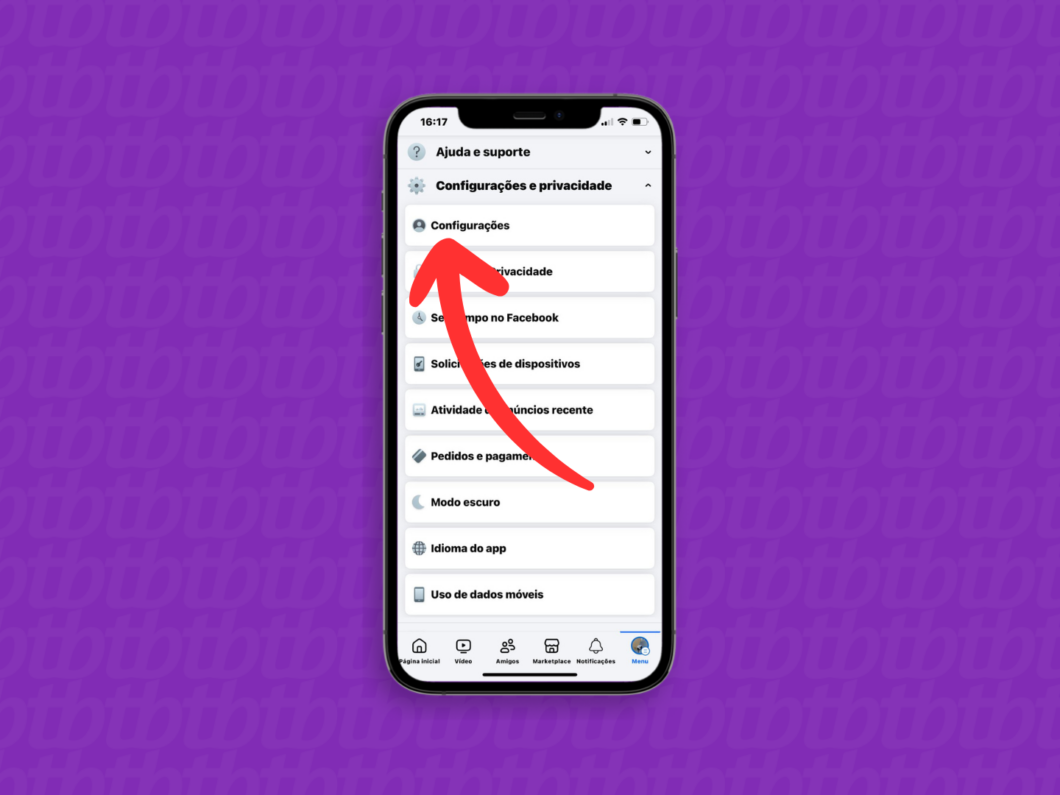 Captura de tela do app Facebook no iPhone mostra como abrir o menu Configura&ccedil;&otilde;es