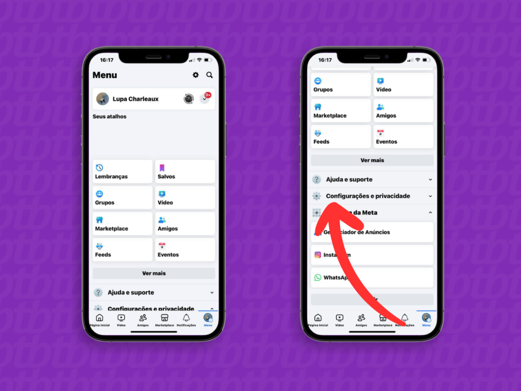 Captura de tela do app Facebook no iPhone mostra como abrir o menu Configura&ccedil;&otilde;es e privacidade