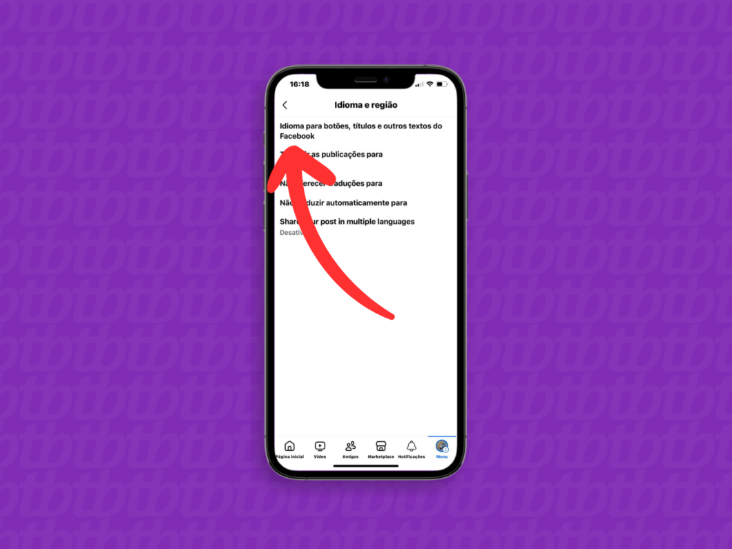 Captura de tela do app Facebook no iPhone mostra como acessar a op&ccedil;&atilde;o Idioma para bot&otilde;es, t&iacute;tulos e outros textos