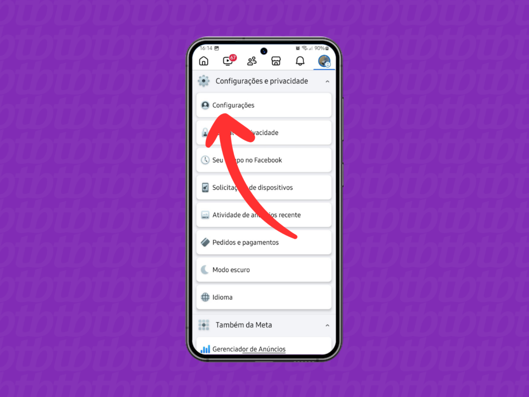 Captura de tela do app Facebook no Android mostra como abrir o menu Configura&ccedil;&otilde;es